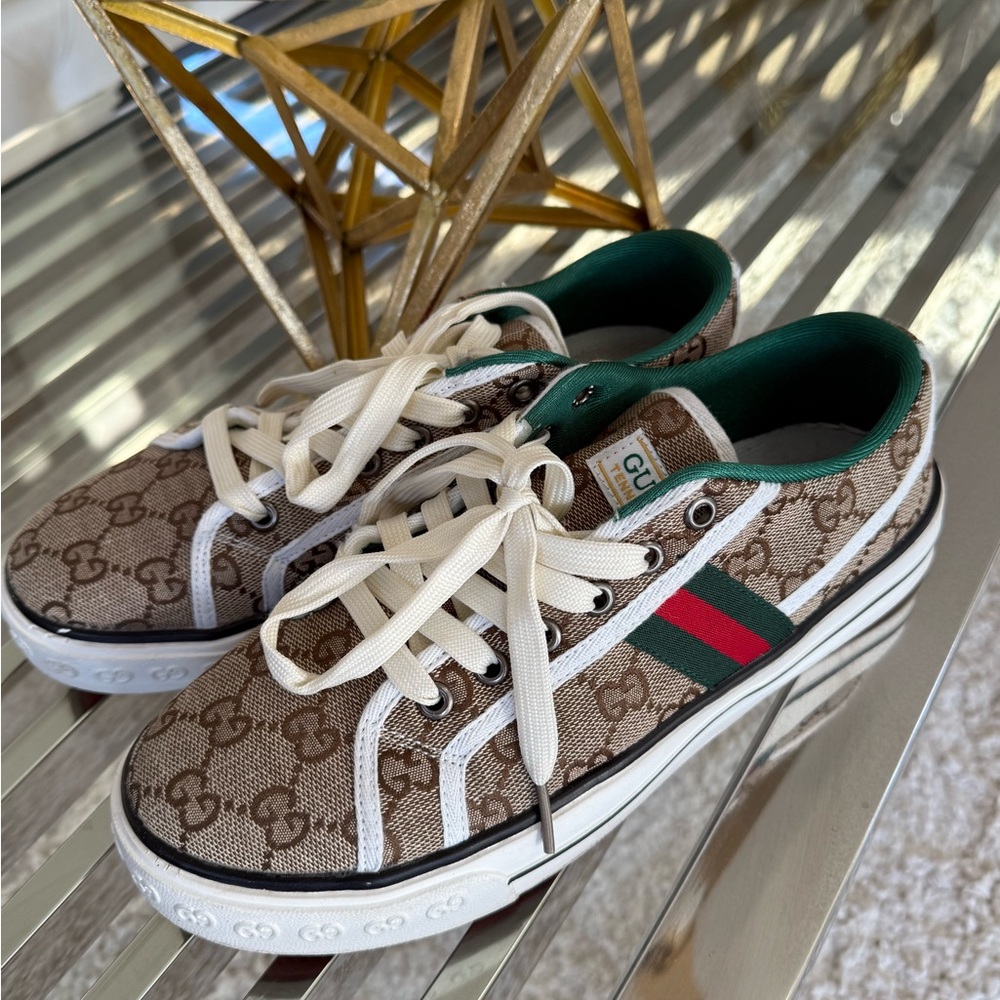 Gucci Beige Canvas Sneakers with Green and Red Stripes.